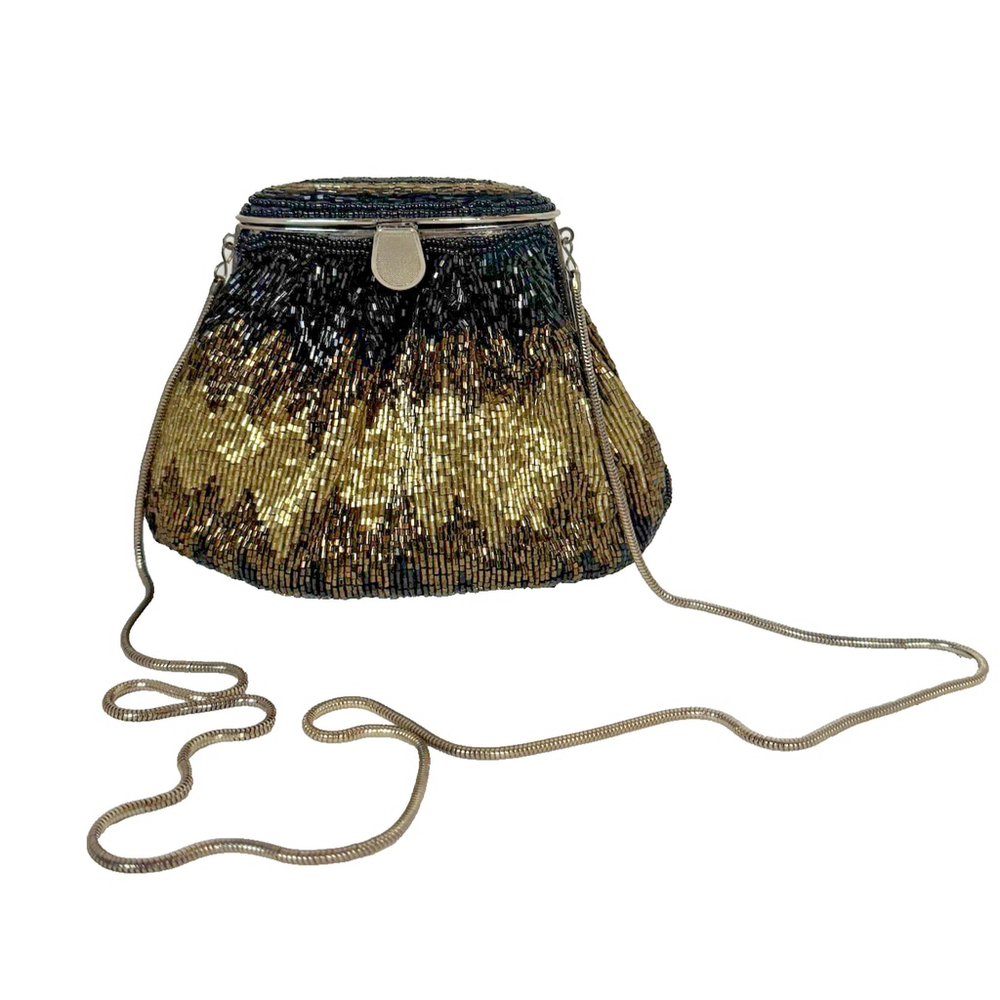 Vintage Black Gold Silver Beaded Evening Bag Top Entry Clutch/Shoulder